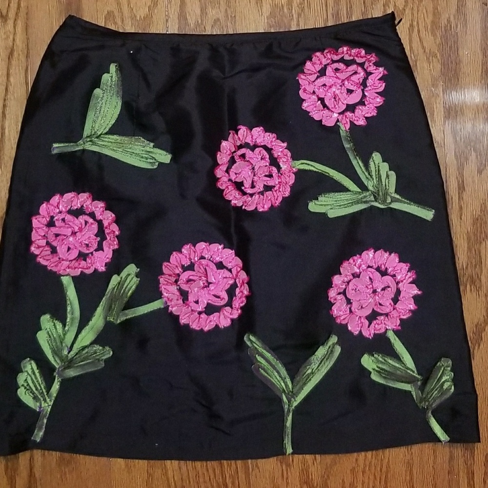 Silk Embroidered Skirt w/Pink and Green Flowers